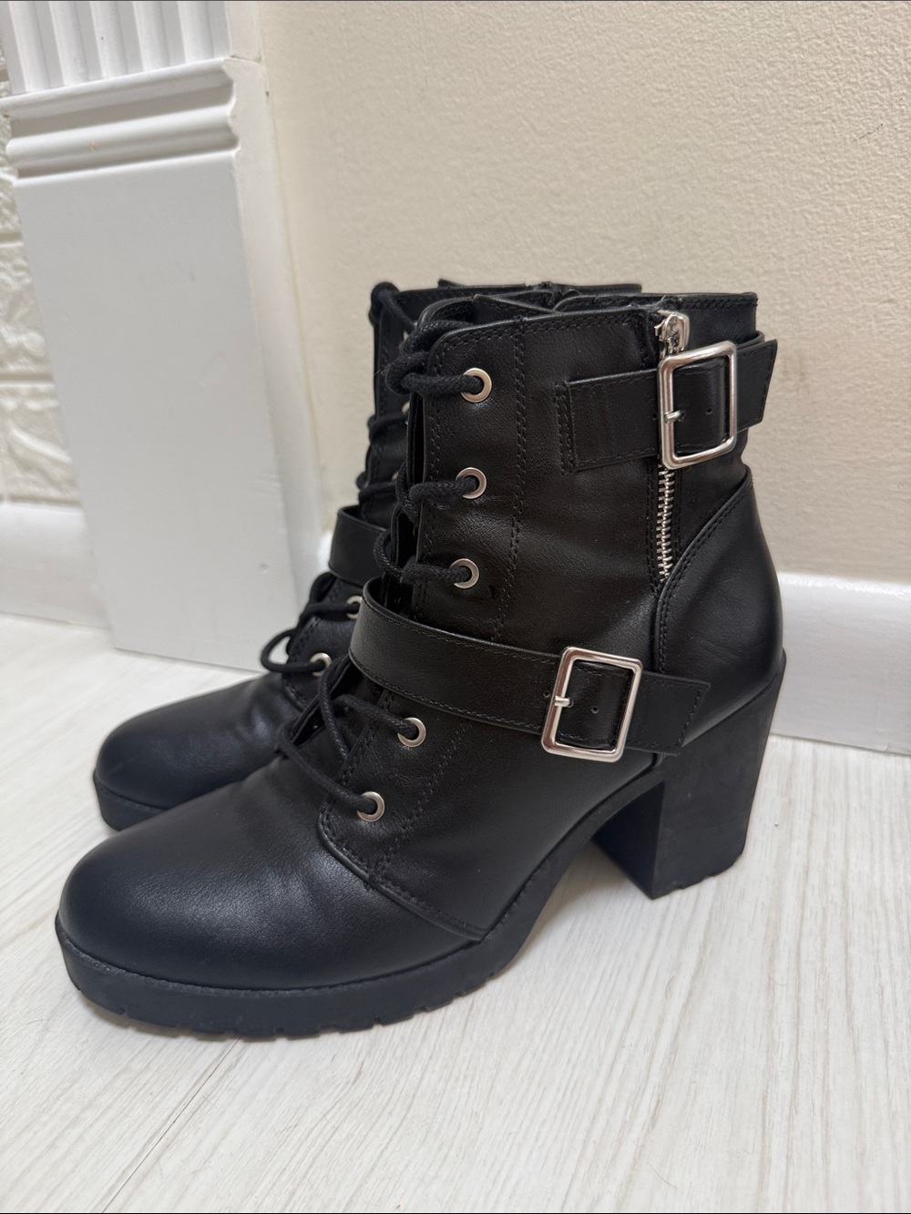 Sun & Stone Black Lace-Up Buckle Heeled Ankle Boots